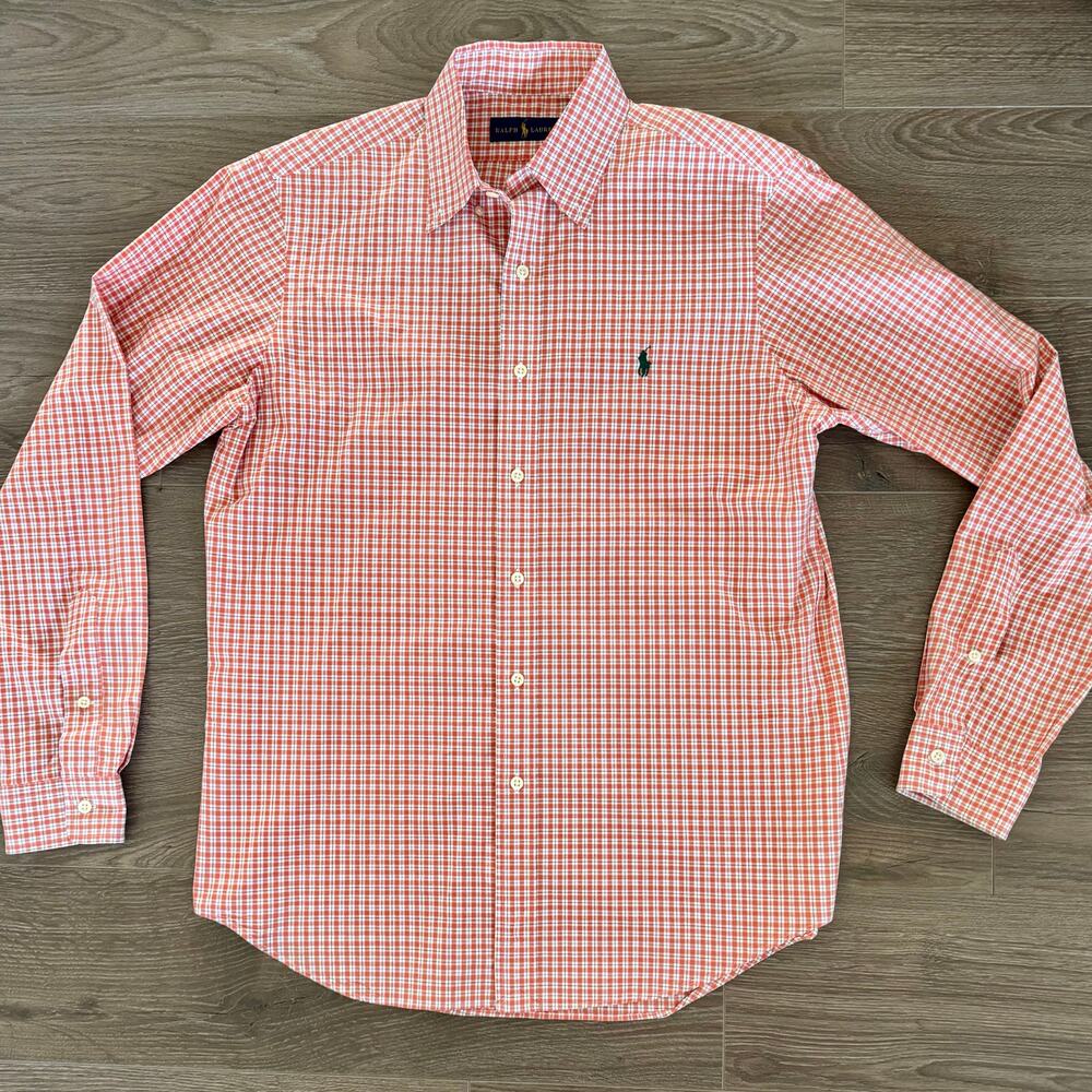 Ralph Lauren Button Down Shirt Plaid Orange Green Pony Men Medium Fall Autumn